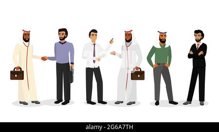 Illustration vectorielle des hommes d'affaires arabes, debout, parlant et souriant. Affaires réussies avec le peuple musulman, concept social. Les musulmans y sont Illustration de Vecteur