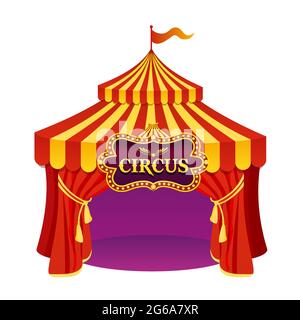 Illustration vectorielle d'une tente de cirque aux couleurs vives avec un bel emblème isolé sur fond blanc. Illustration de Vecteur