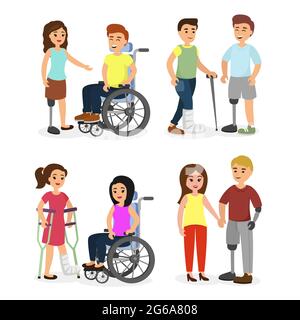 Ensemble d'illustrations vectorielles de personnes handicapées et handicapées avec des amis les aidant, modèle de dessin animé plat. Illustration de Vecteur