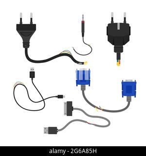 Illustration vectorielle de la collecte de câbles électriques endommagés et cassés, isolée sur fond blanc. Câble coupé, vga et usb dans un style de dessin animé plat. Illustration de Vecteur