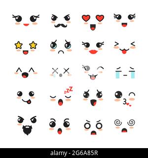 Ensemble d'illustrations vectorielles de visages vectoriels mignons avec des émotions différentes, collection emoji sur fond blanc. Illustration de Vecteur