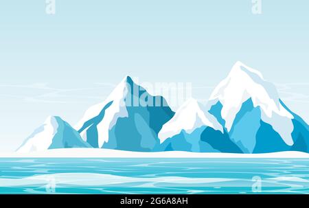 Illustration vectorielle de montagnes enneigées avec fond de glace, d'océan et de ciel clair dans un style plat. Illustration de Vecteur