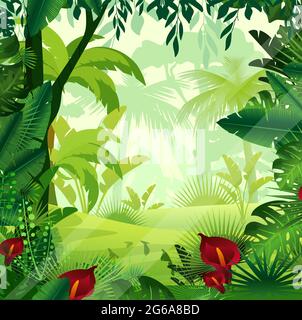 Illustration vectorielle de la pelouse de fond de la jungle le matin. Jungle colorée et lumineuse avec fougères, arbres, buissons, vignes et fleurs dans un style de dessin animé. Illustration de Vecteur