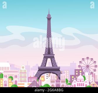 Illustration vectorielle d'une vue magnifique sur la ville avec des bâtiments et des arbres dans des couleurs pastel. Symbole de Paris dans un style plat mignon avec la ville et Eiffel Illustration de Vecteur