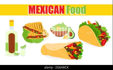 Illustration vectorielle de la cuisine mexicaine traditionnelle, étiquette sur fond blanc. Cuisine mexicaine ethnique, tacos, guacamole, sambuca, éléments de conception de menu dans Illustration de Vecteur