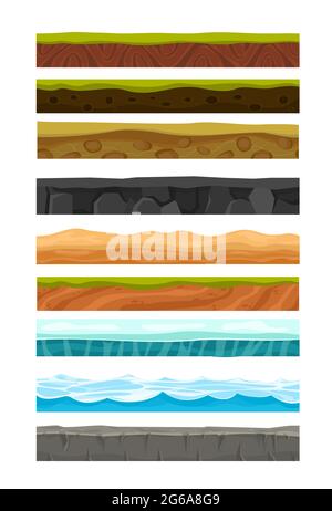 Ensemble d'illustrations vectorielles de terrains, de sols et de terrains pour le jeu UI. Collection de sols cartoonés et de la zone de premier plan de la terre avec des lames de couches d'herbe, des roches Illustration de Vecteur