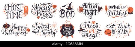 Guillemets lettrage Halloween. Phrases manuscrites d'halloween, mettez un sort sur vous et trick ou traiter des symboles vectoriels ensemble. Lettrage effrayant pour halloween Illustration de Vecteur