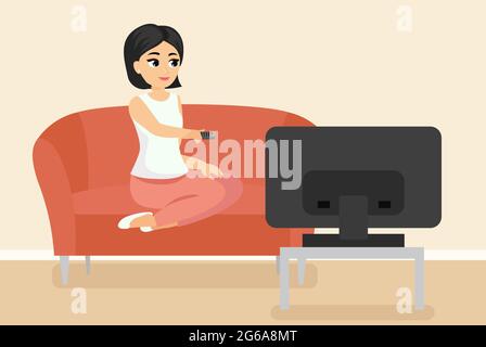 Illustration vectorielle d'une femme assise sur un canapé regardant la télévision. Jeune fille adulte sur le canapé devant l'écran de télévision dans le style de dessin animé plat. Illustration de Vecteur