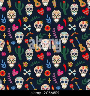 Modèle dia de los muertos. Jour de la mort mexique sucre floral humain tête os vecteur illustration de fond. Motif sans couture Dead Day Holiday Illustration de Vecteur