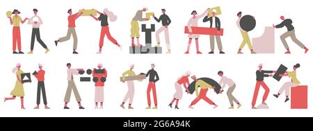 Concept d'entreprise de travail d'équipe. Des personnes aux formes géométriques abstraites, des collègues d'affaires collectant des figures scénario ensemble d'illustrations. Partenariat et Illustration de Vecteur