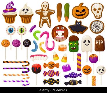 Bonbons d'Halloween. Caricature halloween bonbons, sucettes effrayantes, cupcakes et bonbons à la gelée effrayants ensemble d'illustrations vectorielles. Trick or Treat halloween Illustration de Vecteur