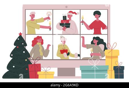 Chat en ligne de Noël. Joyeux Noël amis ou famille appel vidéo, Noël célébration vidéoconférence dessin animé illustration vectorielle. Noël en ligne Illustration de Vecteur