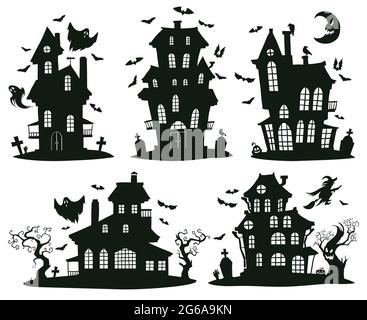 Maisons hantées pour Halloween. Caricature effrayante halloween fantômes châteaux, monstres maisons isolées vecteur symboles ensemble. Maisons hantées d'halloween effrayantes Illustration de Vecteur