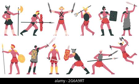 Caractères gladiateurs romains. Gladiateurs romains anciens, combattants grecs martiaux caricatures scénario isolé ensemble. Guerriers de combat armés Illustration de Vecteur