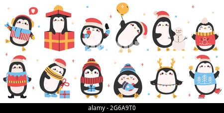 Jolis pingouins de vacances. Noël pingouins dessinés à la main, Noël vacances hiver pingouins personnages isolés vecteur illustration ensemble. Manchots amusants Illustration de Vecteur