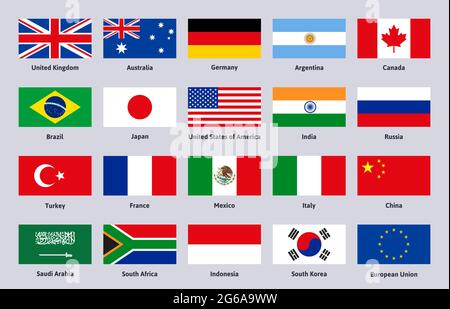 Groupe de vingt drapeaux. Les principaux pays avancés et émergents du monde, la Chine, le Brésil et l'Italie signe un ensemble d'illustrations vectorielles. Les drapeaux des pays du G20 Illustration de Vecteur