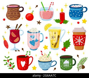 Boissons de Noël. Boissons sucrées de Noël, cocktails, punch, café, chocolat chaud avec guimauves et ensemble d'illustrations vectorielles de crème fouettée. Fête de Noël Illustration de Vecteur