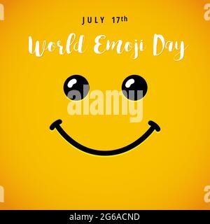 Happy World emoji Day Creative Square congrats. Modèle de conception graphique abstrait isolé. Icônes de sourire et texte lumineux. Signe vectoriel. Un joli coloris amusant Illustration de Vecteur