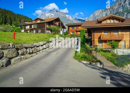 Admirable vue sur la rue avec maisons en bois et jardins dans le village de montagne de Grindelwald, Oberland bernois, Suisse, Europe Banque D'Images