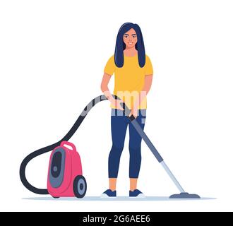 Femme aime le nettoyage de la maison avec aspirateur. Une fille souriante nettoie la maison. Femme personnage passant l'aspirateur sur le sol. Service de nettoyage. Entretien ménager. Ven Illustration de Vecteur