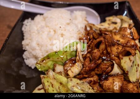 Vue de dessus de Buta Don, bol de riz avec porc, chou et miso épicé doux. Banque D'Images