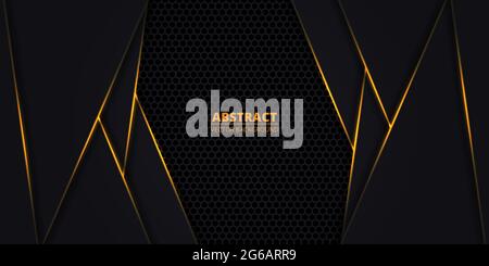 Arrière-plan vectoriel abstrait noir et orange avec fibre de carbone hexagonale. Fond technologique avec grille en nid d'abeille et lignes lumineuses orange. Futuriste Illustration de Vecteur