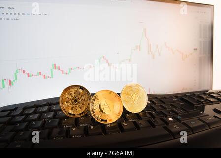 Pièces d'or de crypto-monnaies ada, pièce de cardano, contrôlant le prix sur un moniteur avec des graphiques. Banque D'Images