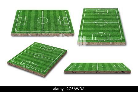 Collection de terrain de football à herbe verte isolée sur fond blanc. Rendu 3D. Banque D'Images