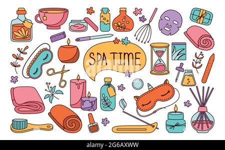 Spa et salon de beauté, décor coloré. Soins de la peau et traitement naturel, concept de temps me. Spa brillant huile aromatique lotion serviette de sommeil masque et sablier, tasse de dessin animé. Vecteur de santé du corps féminin Illustration de Vecteur