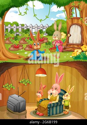 Famille de lapins en sous-sol avec la surface du jardin illustration de la scène Illustration de Vecteur