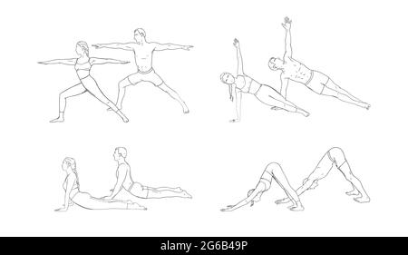 Guerrier de yoga, chien, cobra et planche latérale. Femme et homme pratiquant le yoga de résistance pose. Illustration vectorielle dessinée à la main isolée sur fond blanc Illustration de Vecteur