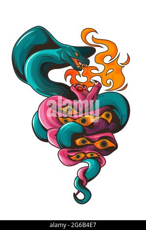 Tatouage avec des serpents et des yeux. Des serpents dangereux entreminés dans une balle au feu à la bouche ouverte avec des fangs pointus, un symbole spirituel de cobra, la masculinité et la confrontation féminine tatouage vectoriel de dessin animé Illustration de Vecteur