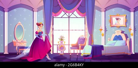 Princesse dans sa chambre royale, jolie jeune femme en couronne et robe dans l'intérieur de chambre vintage avec meubles rétro élégant, lit, armoire, décor de papier peint à motifs floraux. Illustration vectorielle de dessin animé Illustration de Vecteur