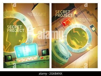 Affiche secrète avec panneau de commande dans la centrale nucléaire avec porte ouverte sur le réacteur. Flyers vectoriels pour jeu de quête avec intérieur de dessin animé de bunker ou de laboratoire avec rayonnement vert lueur Illustration de Vecteur