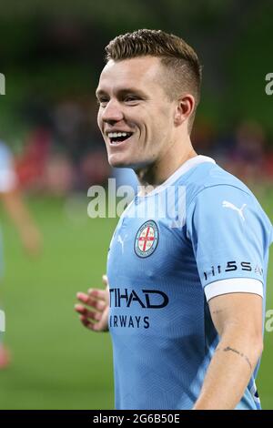 MELBOURNE, AUSTRALIE - 9 MAI : Scott Galloway de Melbourne City pendant le match de football Hyundai A-League entre Melbourne City FC et Brisbane Roar FC le 9 mai 2021 à l'AAMI Park de Melbourne, en Australie. (Photo de Dave Hewitt) Banque D'Images