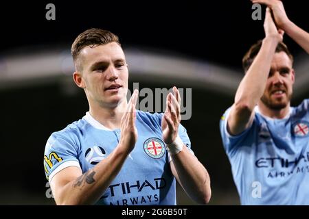 MELBOURNE, AUSTRALIE - 9 MAI : Scott Galloway de Melbourne City pendant le match de football Hyundai A-League entre Melbourne City FC et Brisbane Roar FC le 9 mai 2021 à l'AAMI Park de Melbourne, en Australie. (Photo de Dave Hewitt) Banque D'Images