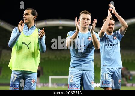 MELBOURNE, AUSTRALIE - 9 MAI : Scott Galloway de Melbourne City pendant le match de football Hyundai A-League entre Melbourne City FC et Brisbane Roar FC le 9 mai 2021 à l'AAMI Park de Melbourne, en Australie. (Photo de Dave Hewitt) Banque D'Images