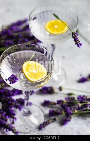 Deux verres de Gin et tonique avec fleurs de citron et de lavande sur une table Banque D'Images