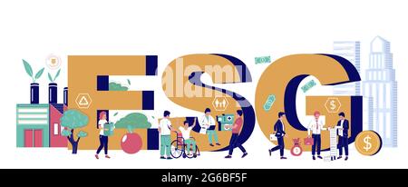 Modèle de bannière typographique de gouvernance environnementale, sociale et d'entreprise, illustration isométrique vectorielle. Investissement ESG. Illustration de Vecteur