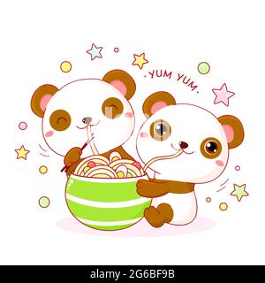 Les pandas mignons mangent des nouilles ramen. Inscription Yum Yum. Deux amis - les pandas sont heureux de manger des nouilles. Illustration de style kawaii. Vecteur EPS8 Illustration de Vecteur