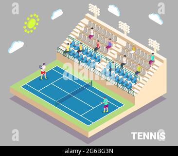 Stade de tennis isométrique avec court de plein air et tribune. Terrain de sport avec joueurs et fans, illustration vectorielle plate. Illustration de Vecteur