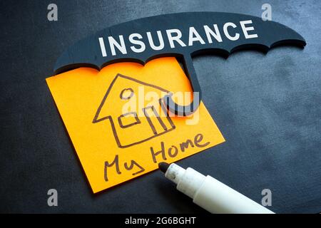 Concept d'assurance habitation. Parapluie et maison dessinée. Banque D'Images