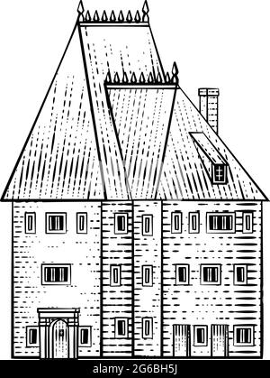 Old Medieval House Inn Building Vintage Woodcut Illustration de Vecteur