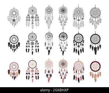 Ensemble de rêveurs vectoriels de style boho. Intérieurs mystiques. Trois styles : dessin au trait, style simple et plat. Illustration de Vecteur