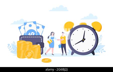 Le temps, c'est de l'argent ou d'économiser de l'argent. De minuscules gens qui se brandient entre l'argent et les symboles de l'horloge. Illustration de Vecteur