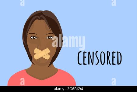 Jeune personne avec la bouche scellée avec des pansements adhésifs croisés. Concept de censure. Illustration de Vecteur