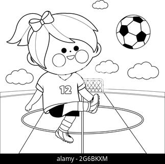 Petite fille jouant au football. Page de couleur noire et blanche vectorielle Illustration de Vecteur