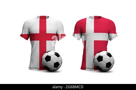 Angleterre contre. Match de football du Danemark. Drapeaux et football. Rendu 3D Banque D'Images