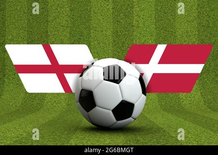 Angleterre contre. Match de football du Danemark. Drapeaux et football. Rendu 3D Banque D'Images