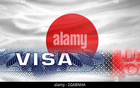 Document Visa des États-Unis d'Amérique, avec drapeau japonais en arrière-plan. Banque D'Images